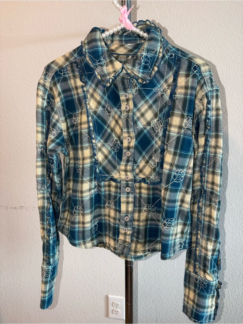 We The Free Plaid Floral Embroidered Button-Down Shirt